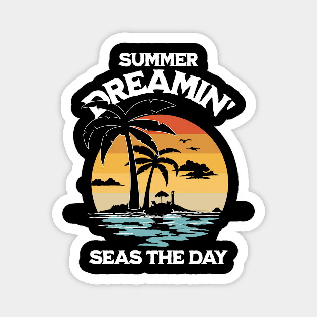 Summer Dreamin' T-Shirt: Island Retreat Design - Retro Vintage Sunset Tee Magnet by Designed By Marty
