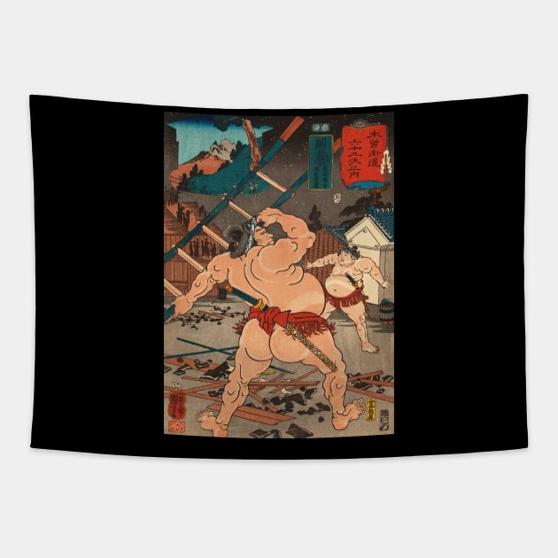 Sumo Wrestlers Mid Fight - Antique Japanese Ukiyo-e Woodblock Print Art Tapestry by Click Here For More