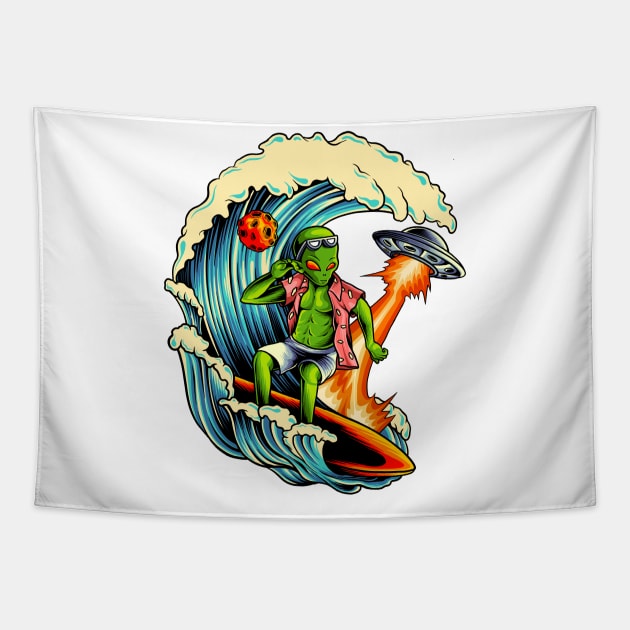 Alien surfing Tapestry by Arjanaproject