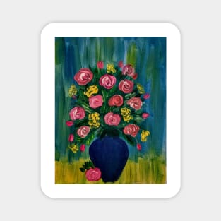 mixed flowers with red roses In a metallic blue vase Magnet