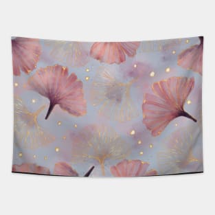 Watercolor Golden Ginko Leaves Grey Pink pattern Tapestry