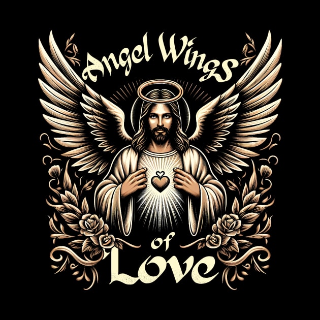 Angel Wings of Love, Jesus with outstretched arms embraces his heart by ArtbyJester