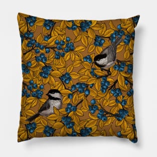 Chickadee birds on blueberry branches in yellow and mustard Pillow