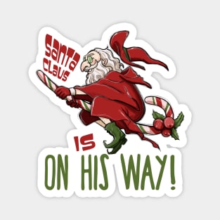 Santa Claus Witch Flying on Candy Cane Magnet