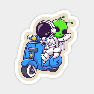 Cute Astronaut And Alien Riding Scooter Cartoon Magnet