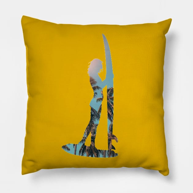 Sunlight Surfer Girl with Surfboards in the sunlight on the Beach - Surf Life & Island Life Pillow by LookFrog