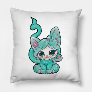 Cutest Kawaii Teal Kitten Pillow