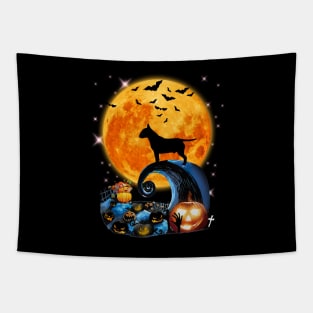 Bull Terrier Dog Moon Cliff Pumpkin Halloween Tapestry