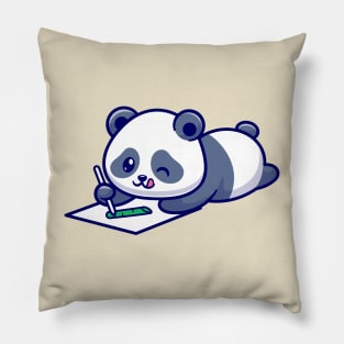 Cute Panda Drawing Bamboo On Paper Cartoon Pillow