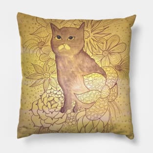 Cute brown cat in the yellow garden. Pillow