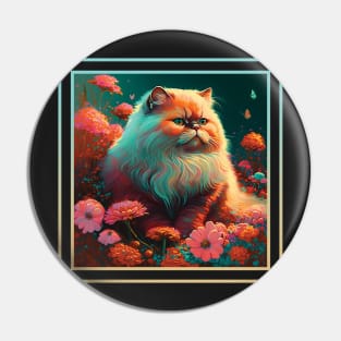 Sassy Persian Cat Vibrant Tropical Flower Neon Digital Oil Painting Pet Portrait Pin