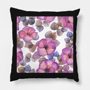 Tropical vibrant Hibiscus flowers and leaves. Transparent watercolor flowers print Pillow