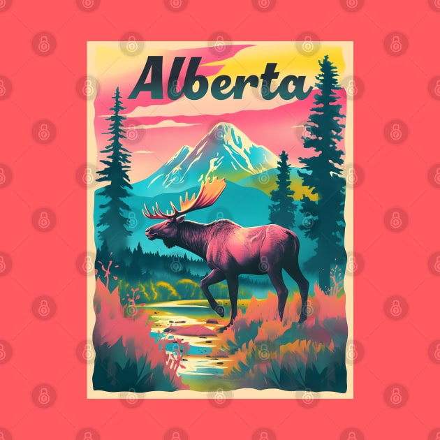 Alberta Canada Moose Mountain Trees Retro Risograph Souvenir by Pine Hill Goods