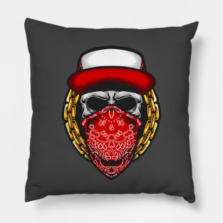 💀🎨 Unveiling the Rebel: A Skull Adorns a Fiery Red Bandana 🔥🌹 Pillow