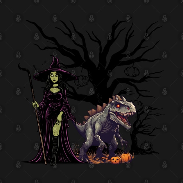 Scary dinasour with witch and pumpkin art for halloween season by IN VOGUE By-Siya