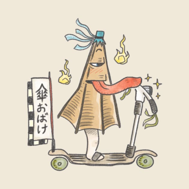 A cute Japanese folklore creature, Kasa Obake on an Old school Scooters by OzzyMac