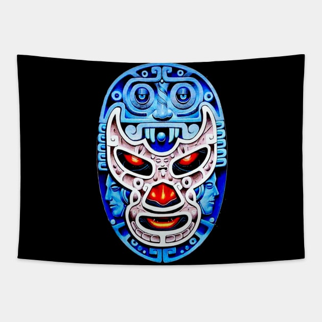 Feel-Ink Blue Demon Lucha Libre Wrestler Aztec Design Tapestry by FeelInksense