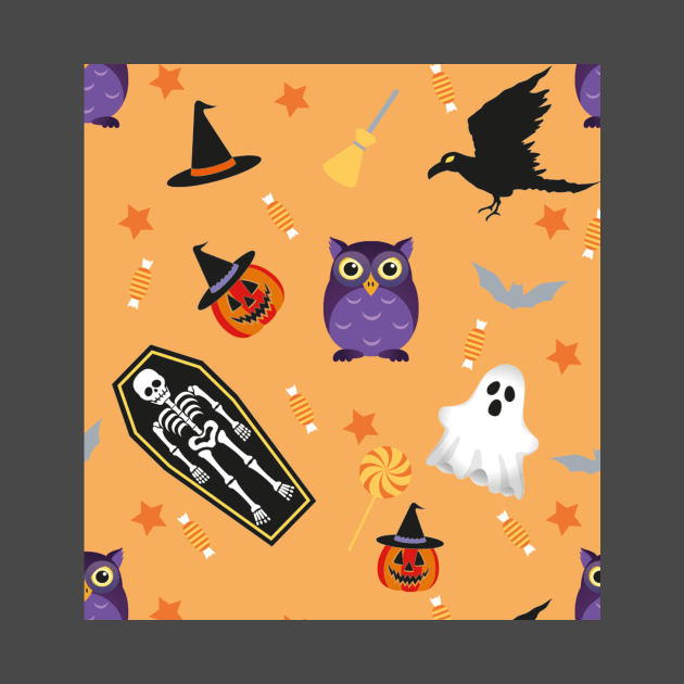 Halloween Pattern with ghost, hat , Human skeleton , owl, bat , candy, pumpkin ,Crows illustrations by MerchSpot