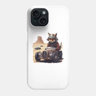 a Fox racing a car across the desert Phone Case