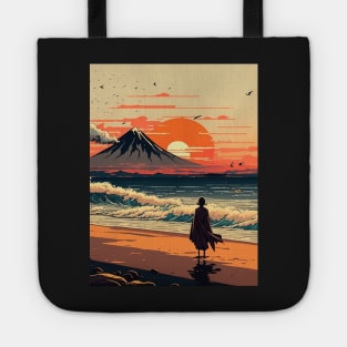 girl watching setting sun on the beach ukiyo e Tote