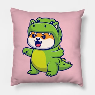 Cute Shiba Inu Dog Wearing Dino Costume Cartoon Pillow