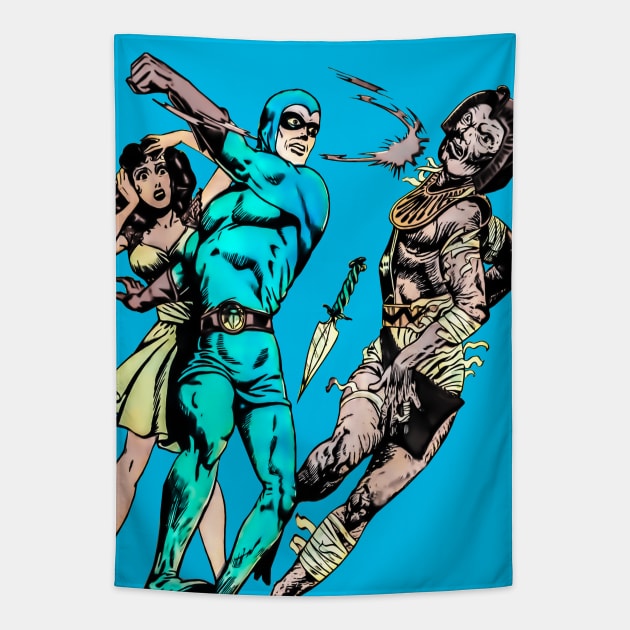 Blue Beetle Masked Superhero Egyptian Mummy Vintage Retro Comic Tapestry by REVISTANGO