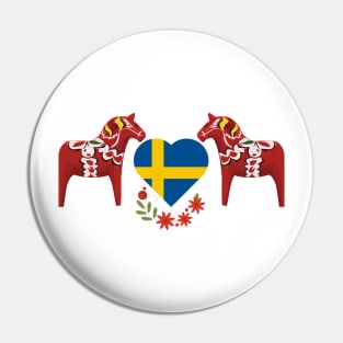 Swedish horse Dalas with Swedish flag heart and flowers. Pin