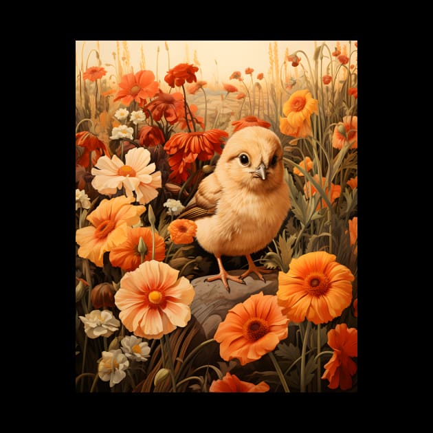 Retro Vintage Art Style Baby Chick in Field of Wild Flowers - Whimsical Farm by The Whimsical Homestead