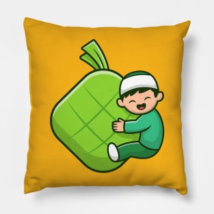 Cute Moslem Boy Hugging Ketupat Food Pillow