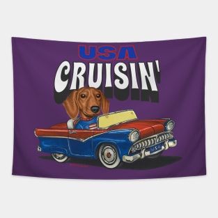 Funny and Cute Doxie Dachshund Dog driving a vintage auto cruising the USA Tapestry