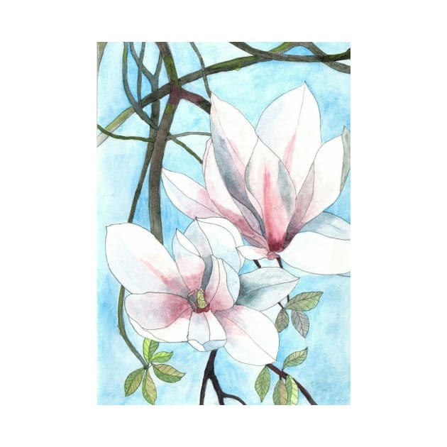 Watercolour painting of pink magnolia flowers by esvb