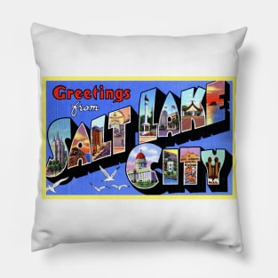 Greetings from Salt Lake City Utah, Vintage Large Letter Postcard Pillow