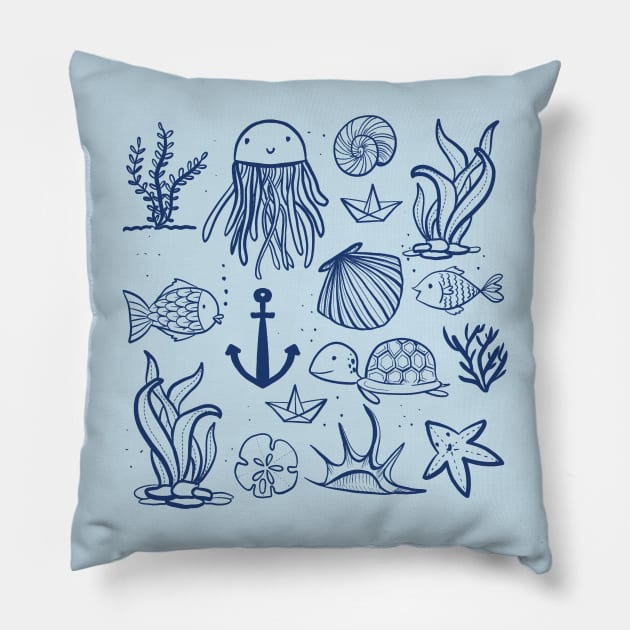 Underwater sea life, cute sea creatures illustration, cute fish octopus Turtles Pillow by Guncha Kumar