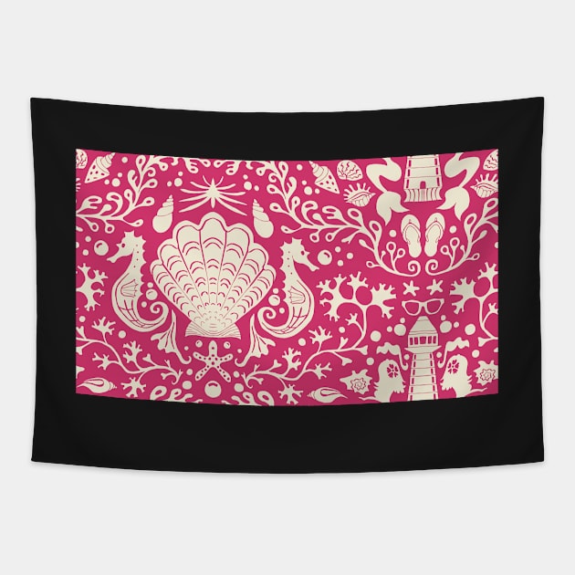 raspberry pink summer beach damask pattern with seashells Tapestry by colorofmagic