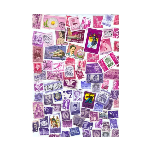 Pink purple postage stamps from all over the world by kittyvdheuvel