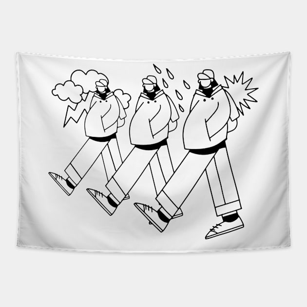 Three men walking together in varying moods Tapestry by 9georgeDoodle