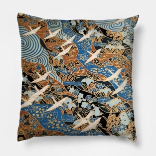 FLYING WHITE CRANES ON BLUE WATER AND SPRING FLOWERS Antique Japanese Floral Pillow