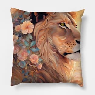 Floral Lion With Sunset Pastel Art Pillow