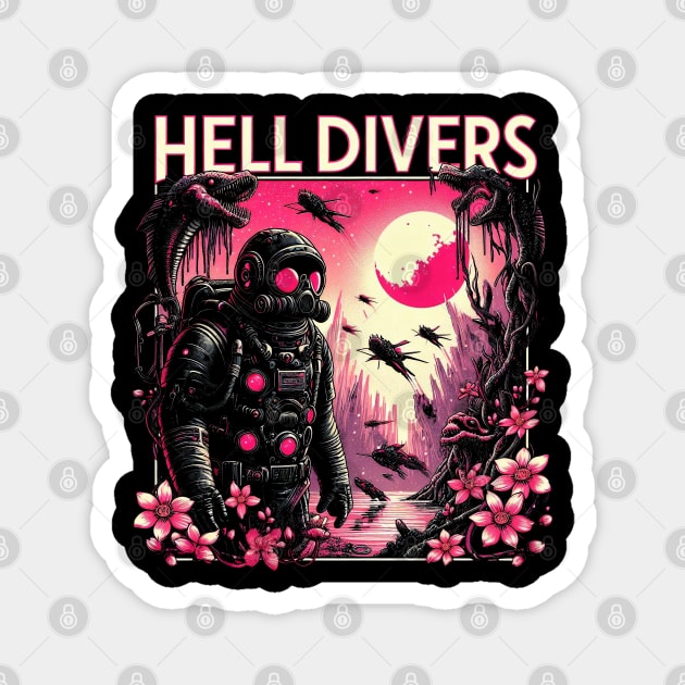 A graphic showing Helldivers exploring an extraterrestrial world with surrounding strange plants and animals rising - fantasy Magnet by StyleTops