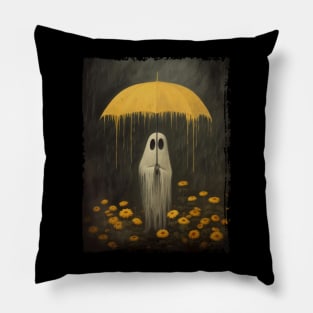 Halloween Cute boo stand with umbrella sunflower garden,Gothic Art Poster, Art Poster Print, Haunting Ghost, Halloween Decor,Field Art Poster Pillow