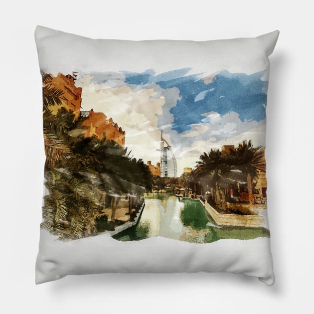 Dubai Emirates Awesome Watercolor Traveling Fine Art Painting Pillow by Naumovski