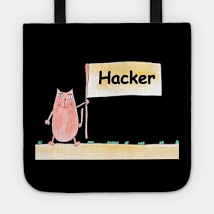 Hacker funny. Profession, work, job. Cat shows a banner with the inscription. Watercolor illustration. A gift for a professional. Tote