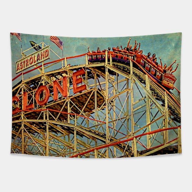 Riding The Famous Cyclone Roller Coaster Tapestry by Chris Lord