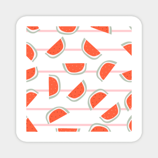 Red watermelon slice with bones design on striped pink background Magnet