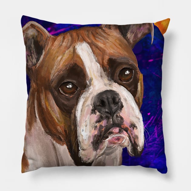 Beautiful Boxer Dog Painting on Urban Purple Background Pillow by ibadishi