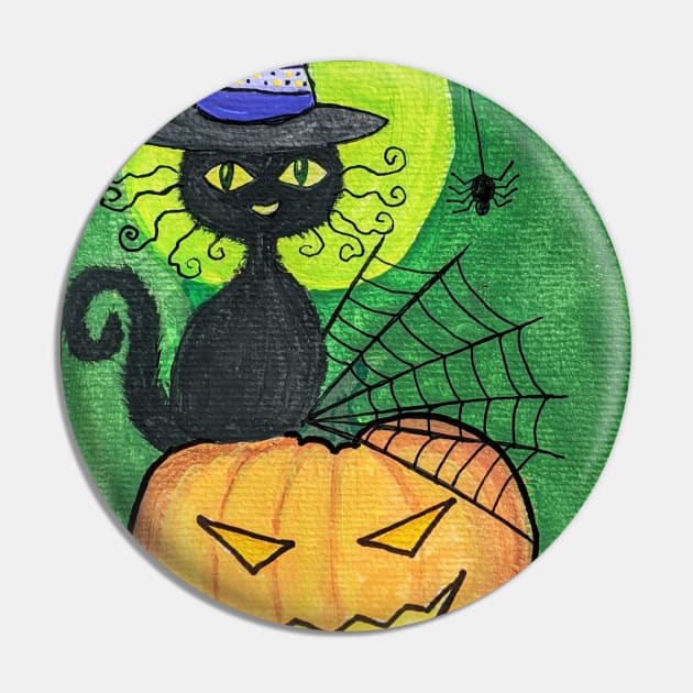 Black cat in purple witch hat on Jack o lantern gouache painting Pin by Starlight Tales