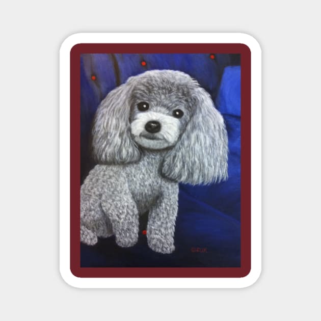 Miniature Toy Poodle Painting on Blue Magnet by KarenZukArt