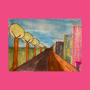 City scape trees pink building T-Shirt