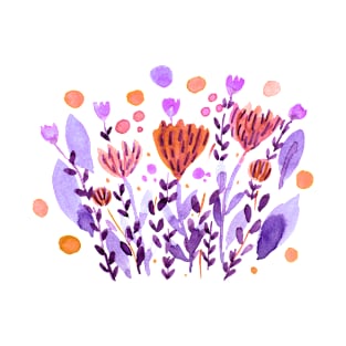 Watercolor whimsical flowers - purple and orange T-Shirt