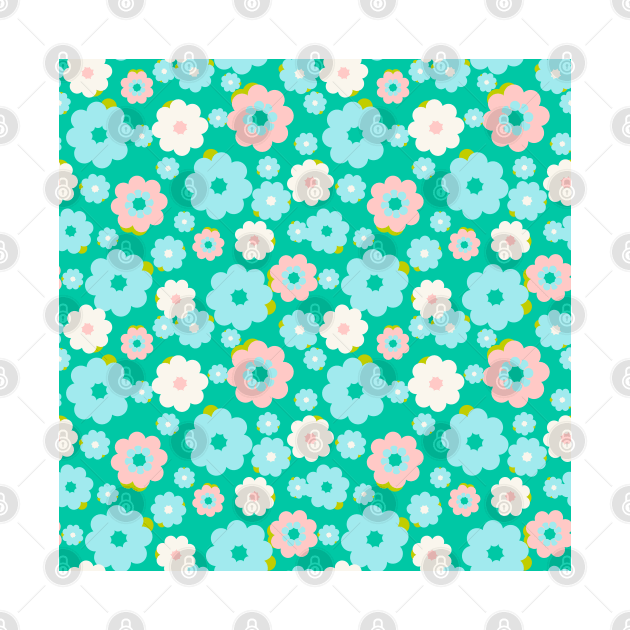 Small blue, white and pink flowers over a turquoise background by marufemia